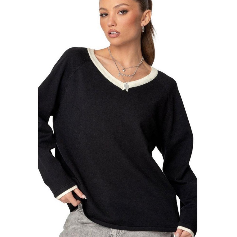 Edikted Contrast Black V-Neck Sweater with White Trim